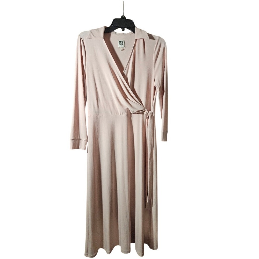 Anne Klein Womens Blush Pink Wrap Midi Dress Long Sleeve Collared Size 8